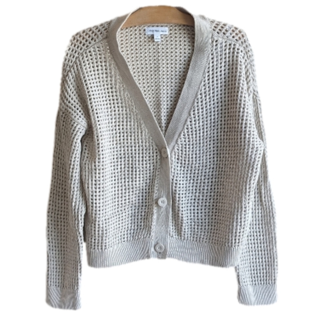 Calvin Klein cropped Crochet neutral cardigan sweater coastal open knit sz L